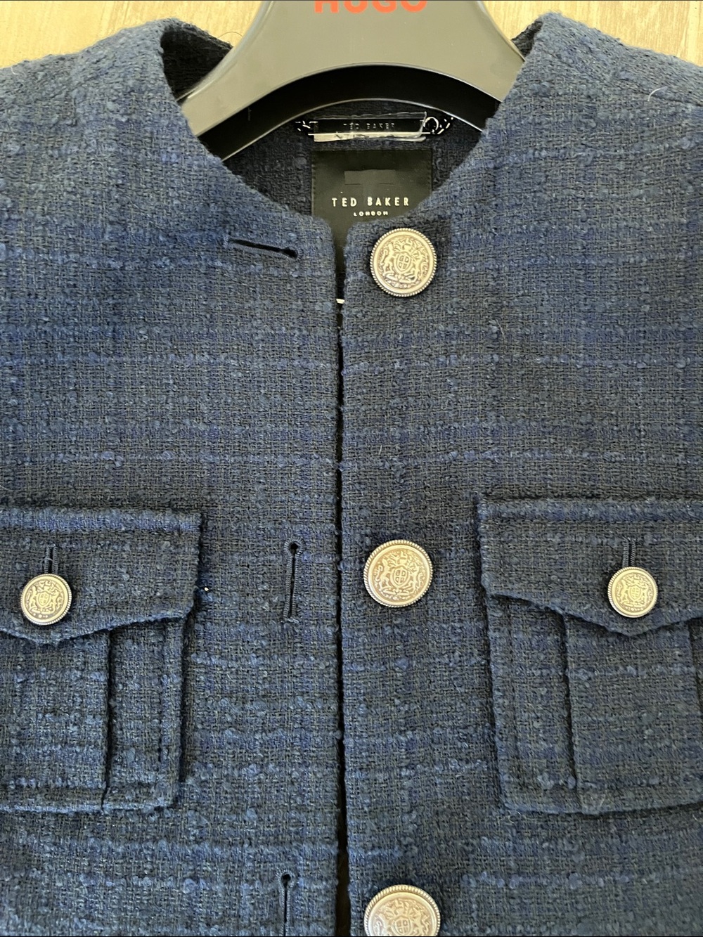 Ted Baker Navy Tweed Collarless Button Jacket